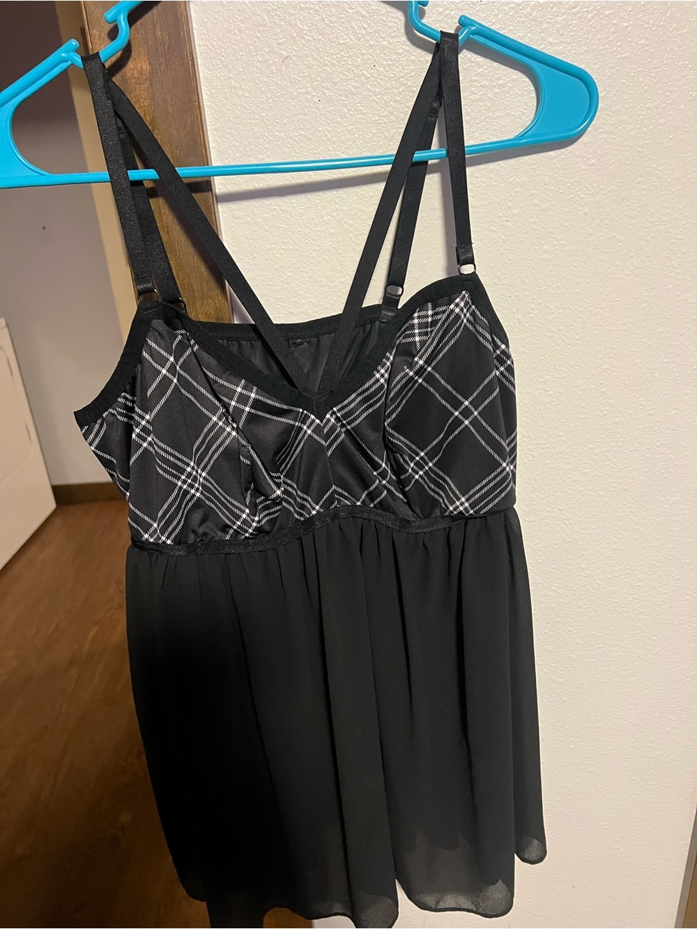 Black Plaid Bodice Chiffon Babydoll Chemise - Women Intimates